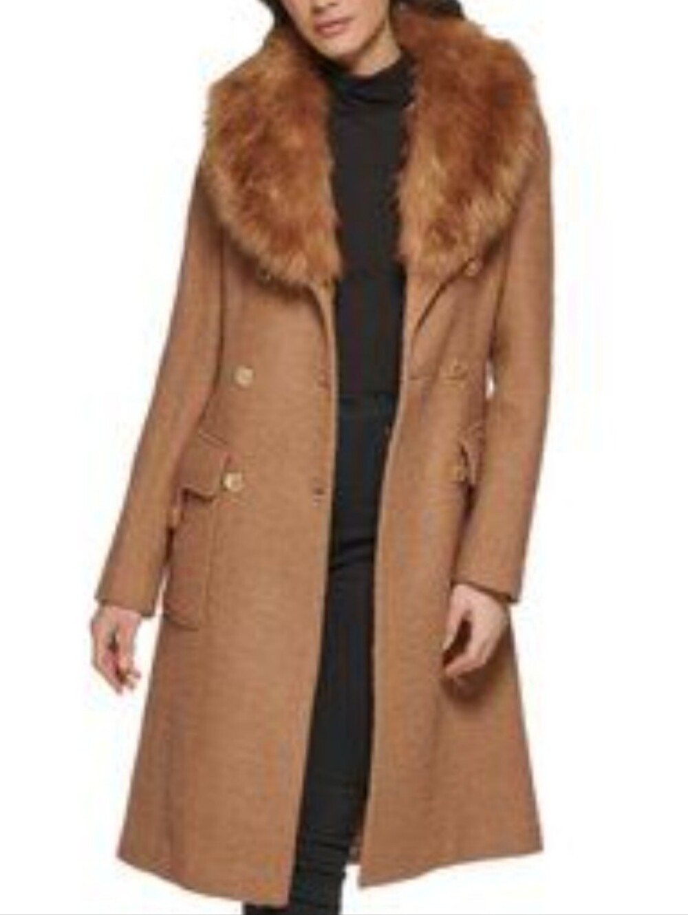 GUESS Women's Tan Fur-Trim Coat